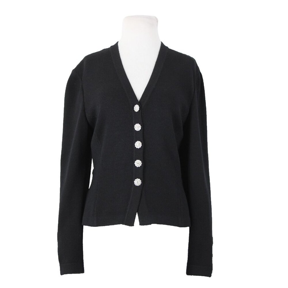 St John Evening Basic Sz 6 Black Rhinestones Half Belt Santana Knit Jacket